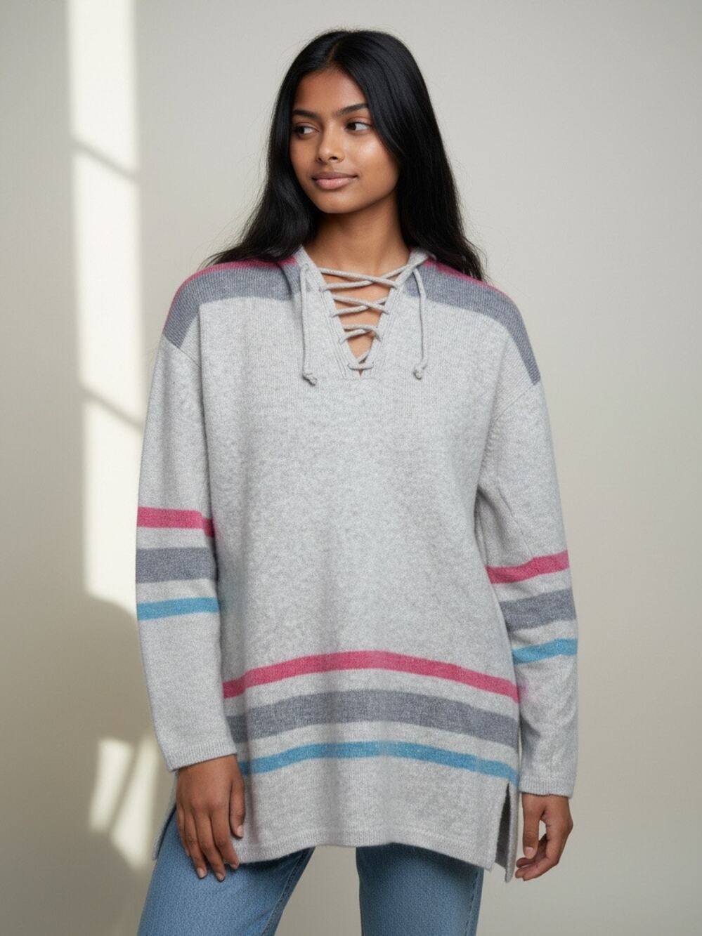 The Elder Statesman 100% Cashmere Lace-Up Striped Hoodie Sweater Size XS